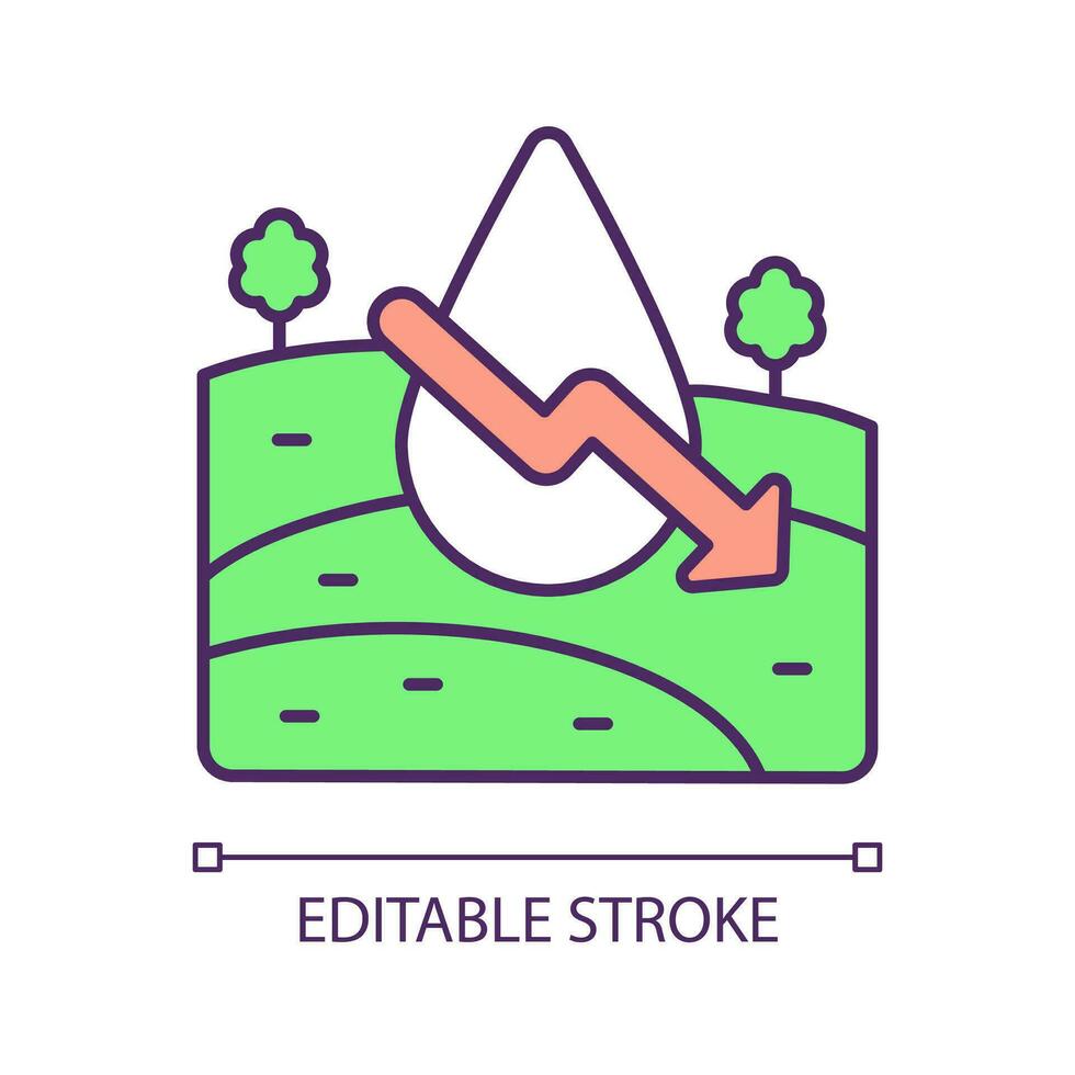 Reduce irrigation farmland RGB color icon. Low area watering. Decrease rainfall. Less humidity. Isolated vector illustration. Simple filled line drawing. Editable stroke