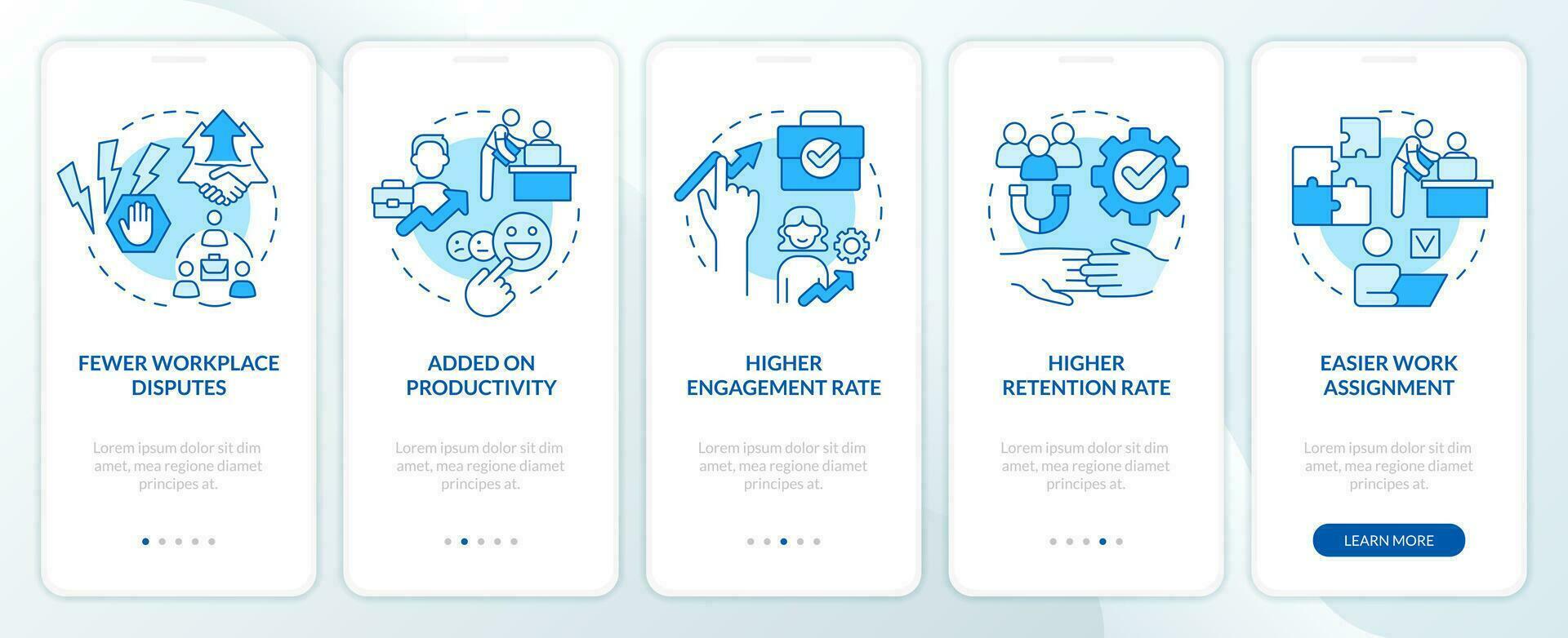 Worker employer relations benefits blue onboarding mobile app screen. Walkthrough 5 steps editable graphic instructions with linear concepts. UI, UX, GUI template vector