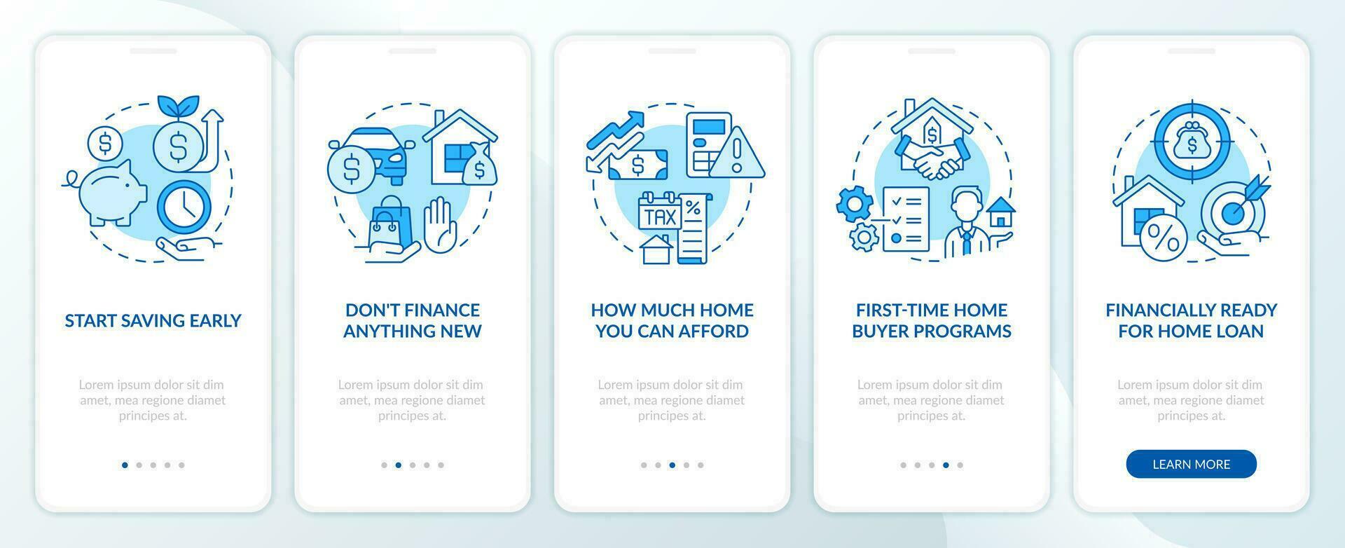 Buying house tips blue onboarding mobile app screen. Home purchase walkthrough 5 steps editable graphic instructions with linear concepts. UI, UX, GUI template vector
