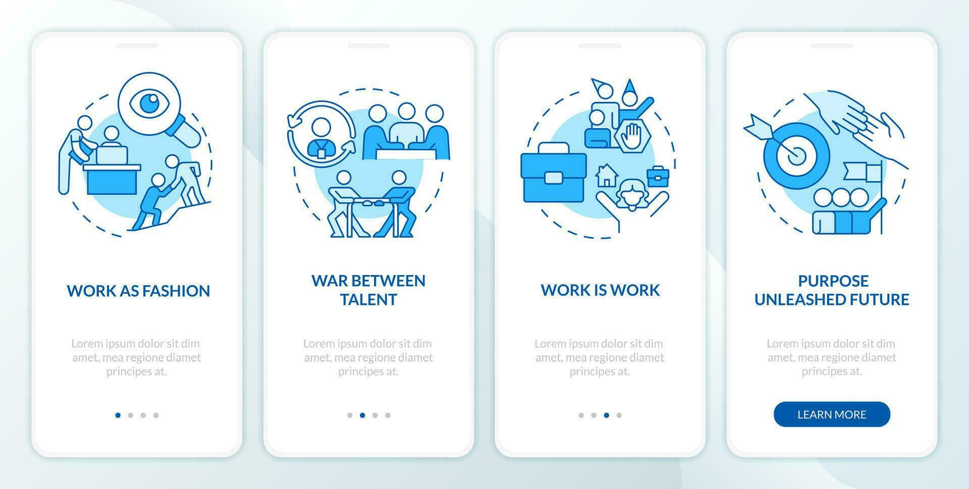 Work relationship development blue onboarding mobile app screen. Walkthrough 4 steps editable graphic instructions with linear concepts. UI, UX, GUI template vector