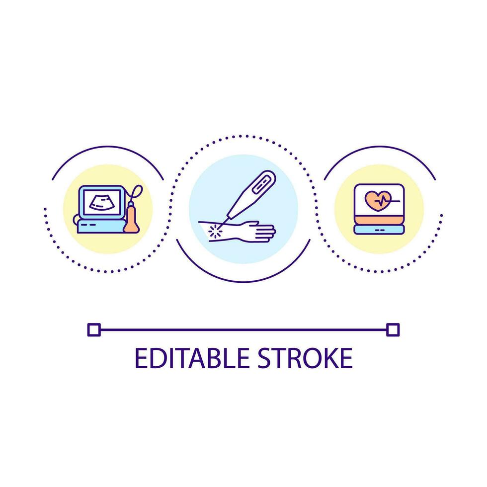 Medical device products loop concept icon. Hospital equipment. Healthcare manufacturing abstract idea thin line illustration. Isolated outline drawing. Editable stroke vector