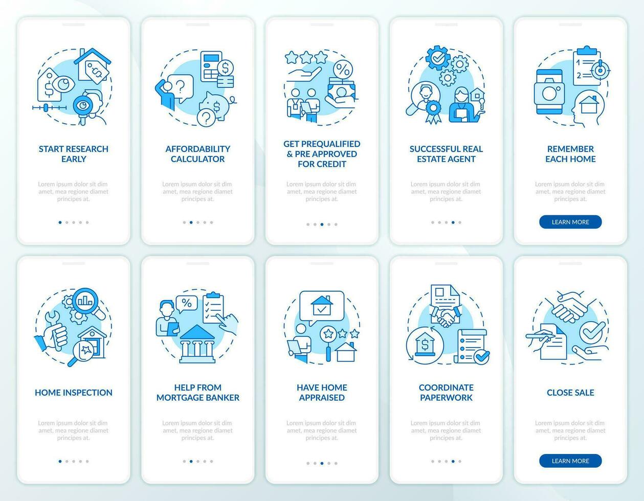 Buying house blue onboarding mobile app screen set. Property purchase walkthrough 5 steps editable graphic instructions with linear concepts. UI, UX, GUI template vector