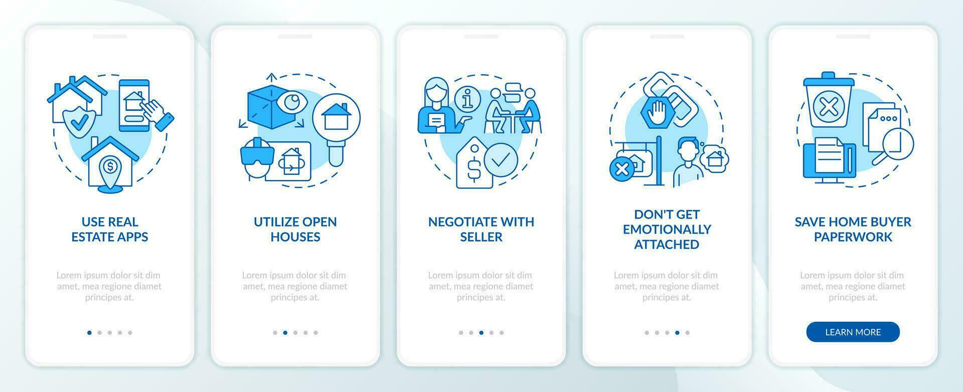 Purchase house blue onboarding mobile app screen. Homebuyer tips walkthrough 5 steps editable graphic instructions with linear concepts. UI, UX, GUI template vector