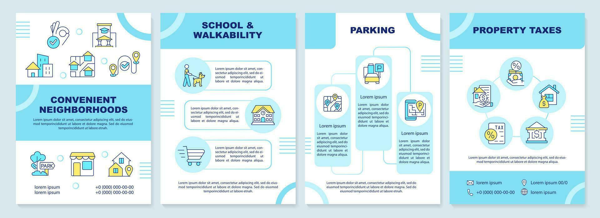 Convenient neighborhood brochure template. Walkable community. Leaflet design with linear icons. Editable 4 vector layouts for presentation, annual reports