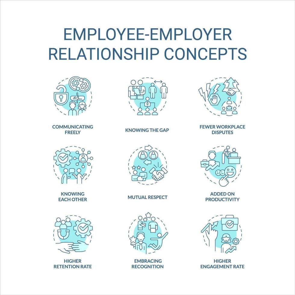 Employee employer relationship turquoise concept icons set. Relations in workplace idea thin line color illustrations. Isolated symbols. Editable stroke vector