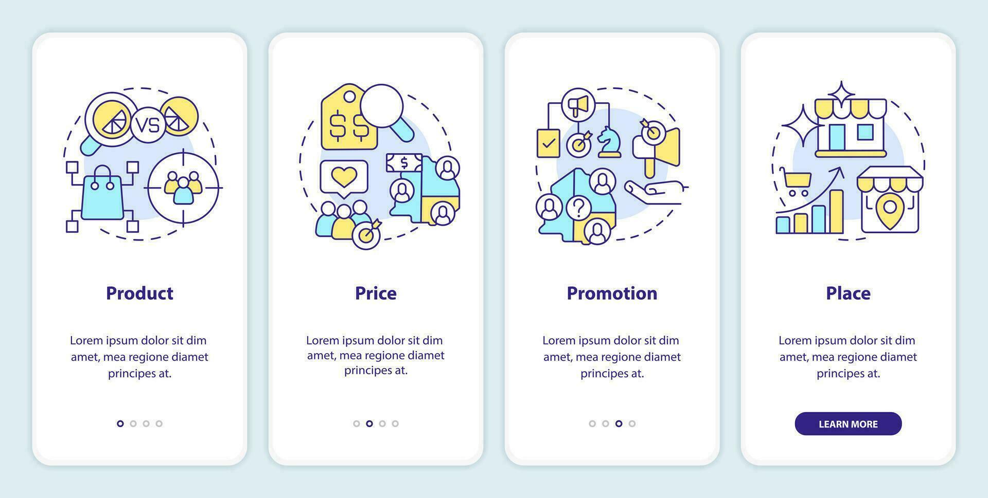Four P marketing mix onboarding mobile app screen. Walkthrough 4 steps editable graphic instructions with linear concepts. UI, UX, GUI template vector