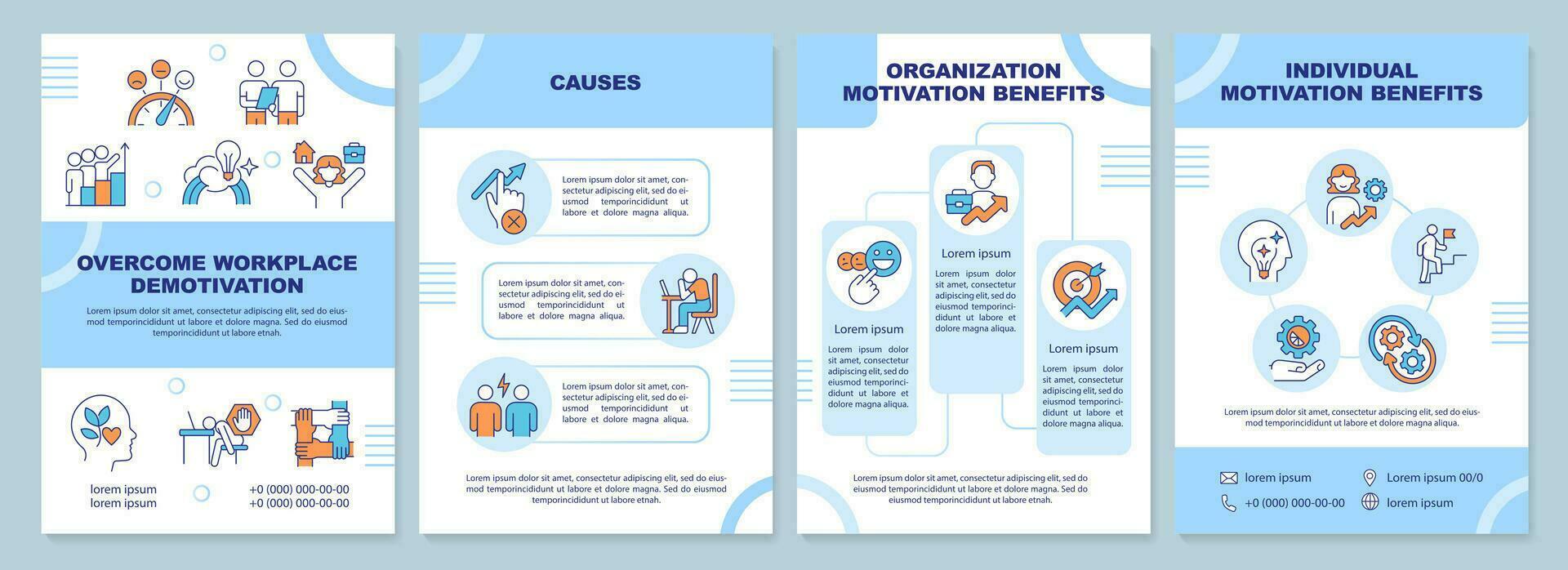 Overcome workplace demotivation blue brochure template. HR. Leaflet design with linear icons. Editable 4 vector layouts for presentation, annual reports