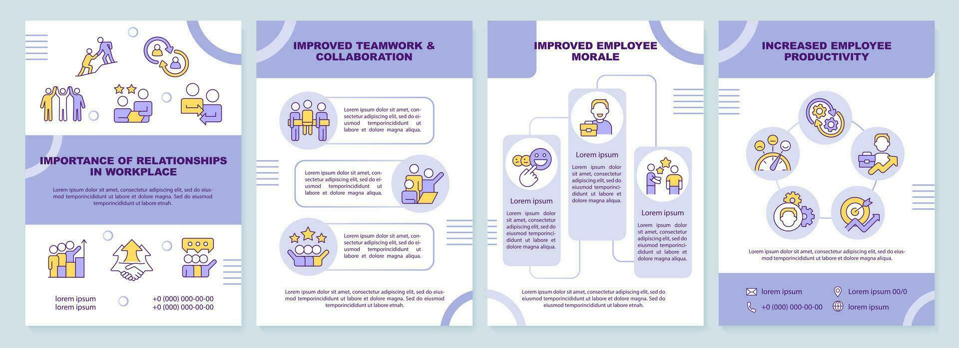 relación en lugar de trabajo púrpura folleto modelo. importancia. folleto diseño con lineal iconos editable 4 4 vector diseños para presentación, anual informes