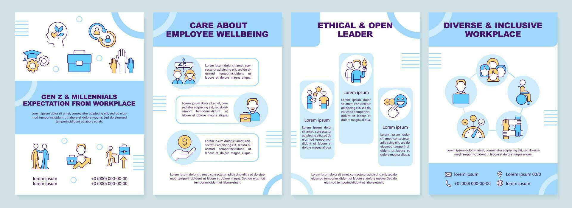 Millennials expectations from workplace blue brochure template. Leaflet design with linear icons. Editable 4 vector layouts for presentation, annual reports