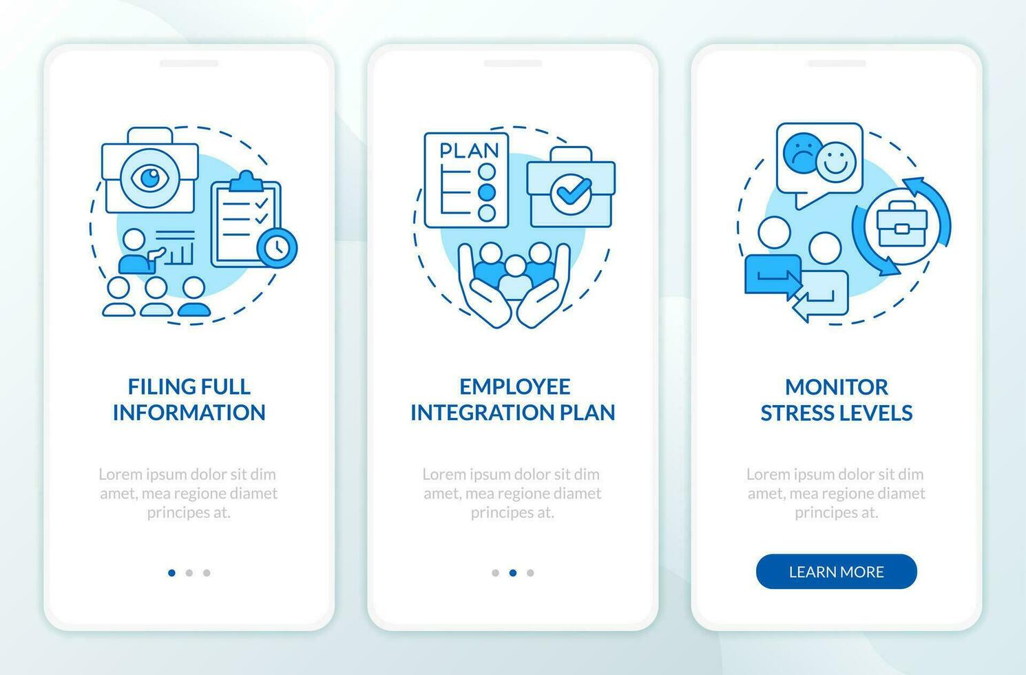 Retain employees during mergers blue onboarding mobile app screen. Walkthrough 3 steps editable graphic instructions with linear concepts. UI, UX, GUI template vector