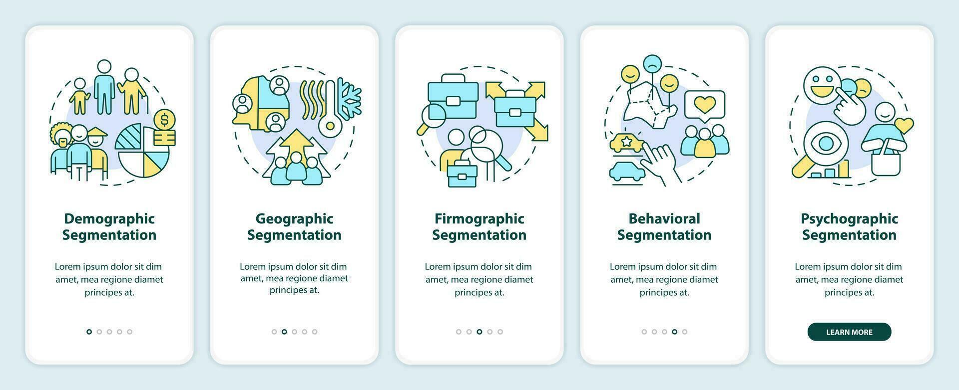 tipo de mercado segmentación inducción móvil aplicación pantalla. recorrido 5 5 pasos editable gráfico instrucciones con lineal conceptos. ui, ux, gui modelo vector