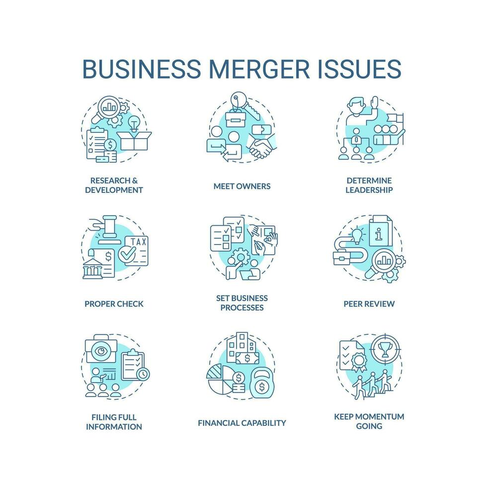 Business merger issues turquoise concept icons set. Corporate acquisition idea thin line color illustrations. Arrangement. Isolated symbols. Editable stroke vector