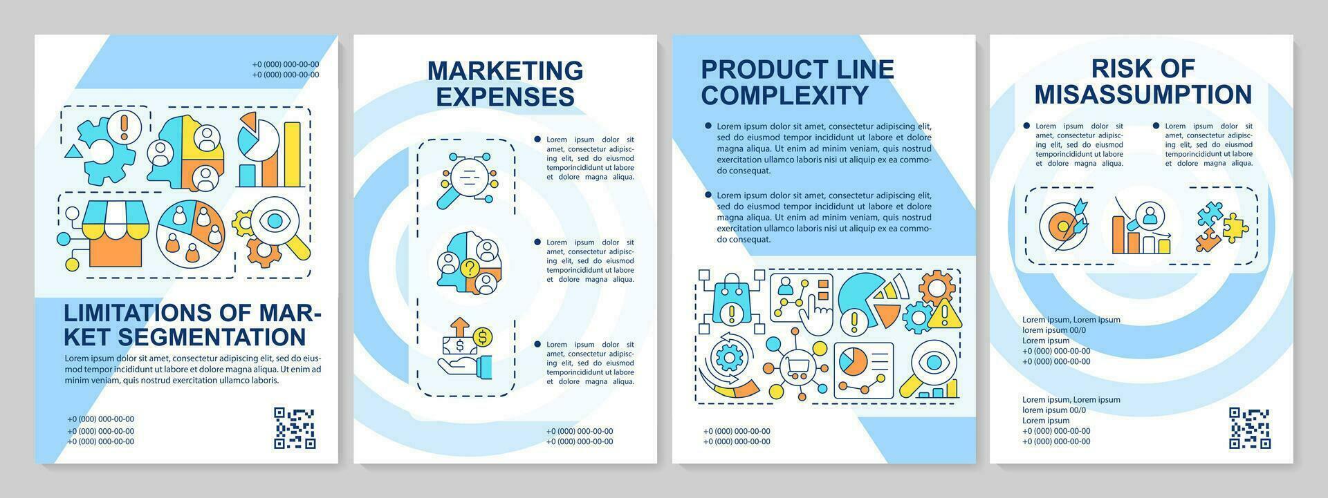 Limitations of market segmentation blue brochure template. Leaflet design with linear icons. Editable 4 vector layouts for presentation, annual reports