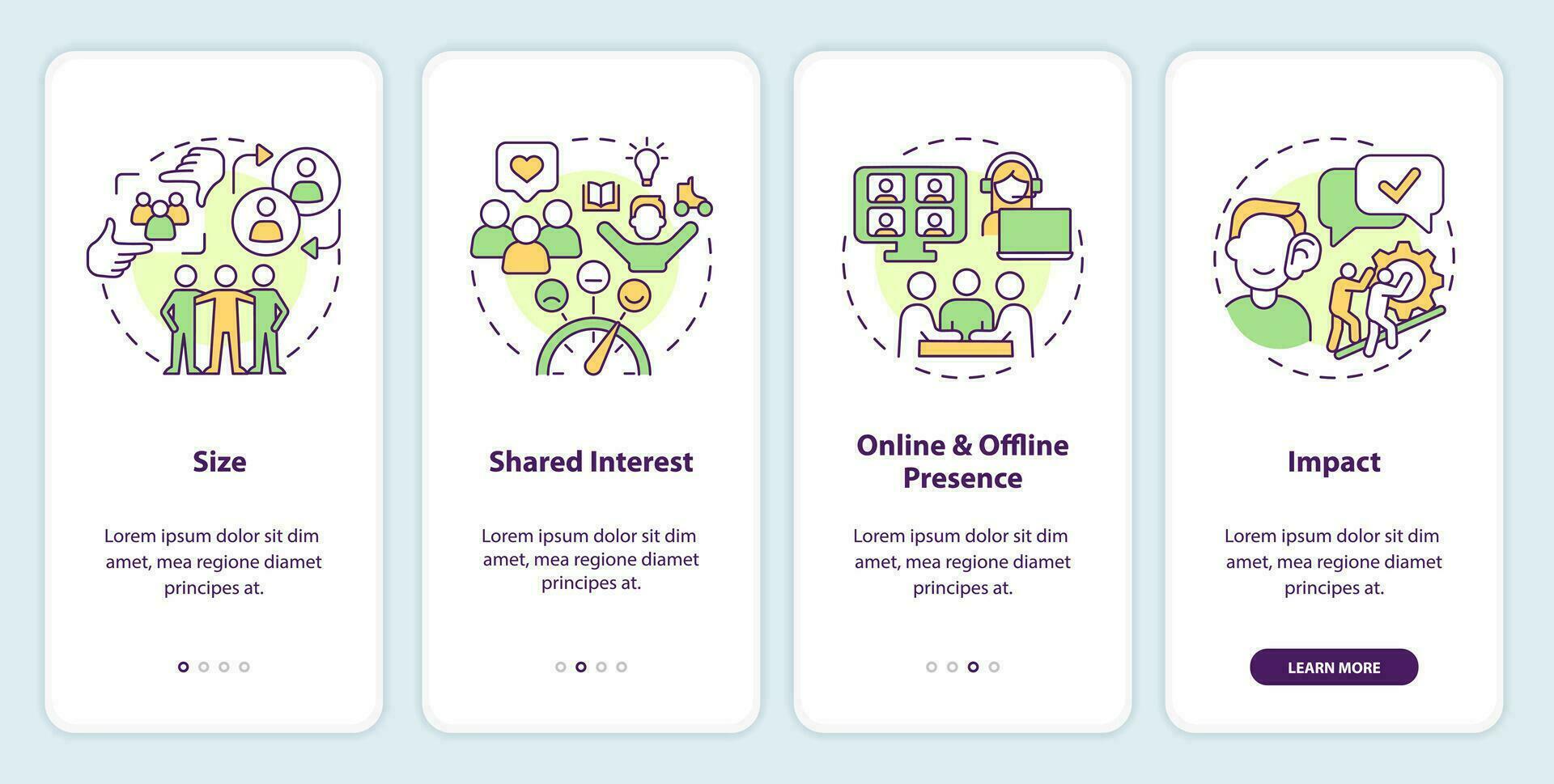 Micro community characteristics onboarding mobile app screen. Walkthrough 4 steps editable graphic instructions with linear concepts. UI, UX, GUI template vector
