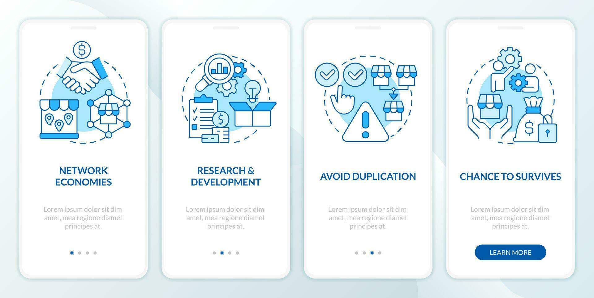 Pros of mergers blue onboarding mobile app screen. Chance to survive walkthrough 4 steps editable graphic instructions with linear concepts. UI, UX, GUI template vector