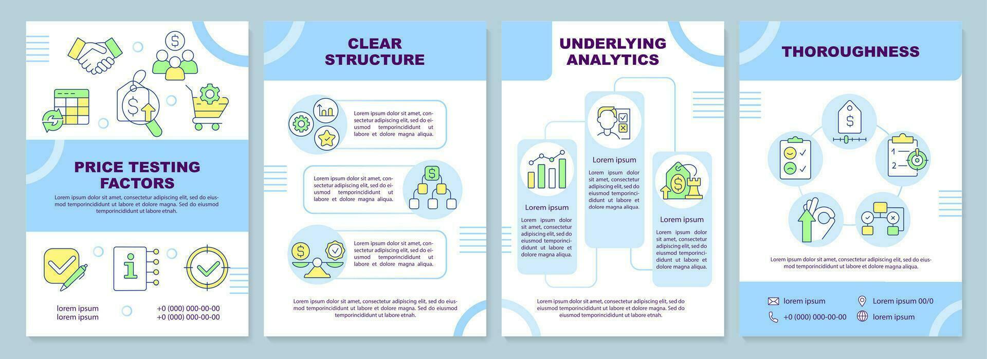 Price testing factors blue brochure template. Leaflet design with linear icons. Editable 4 vector layouts for presentation, annual reports