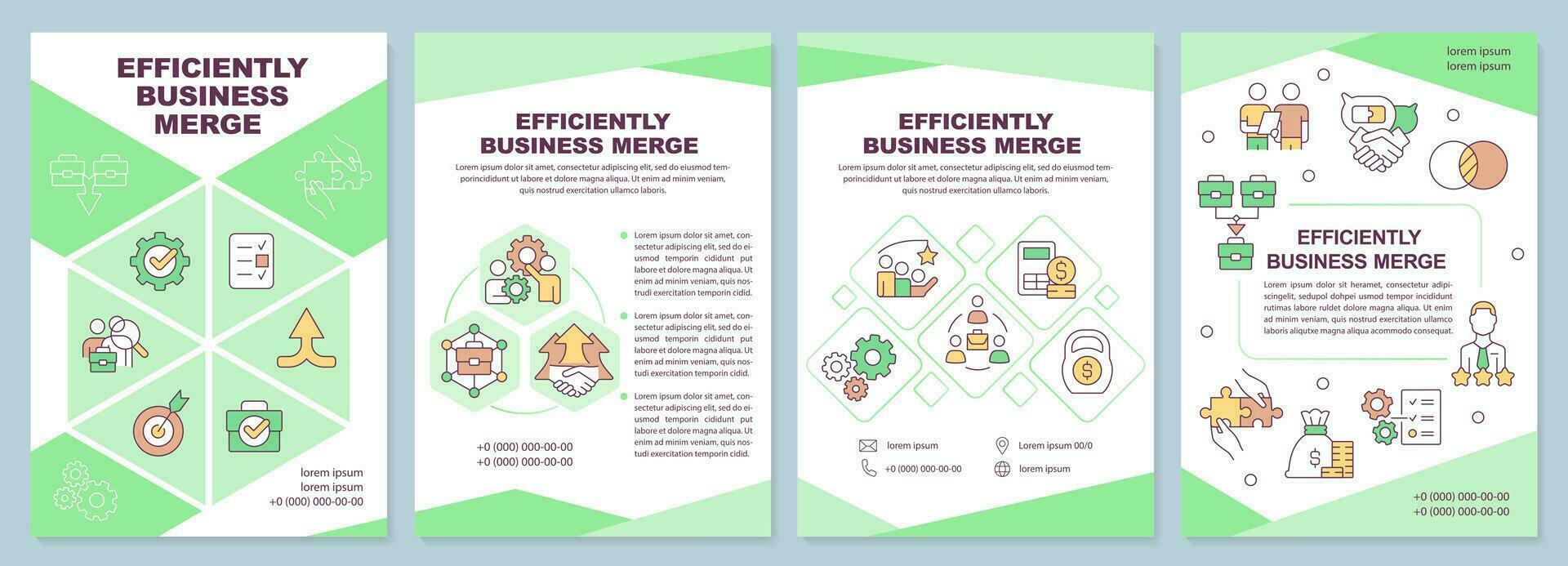 Efficient business merge green brochure template. Teamwork. Leaflet design with linear icons. Editable 4 vector layouts for presentation, annual reports