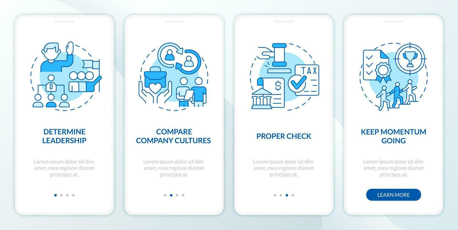 Small business merger guide blue onboarding mobile app screen. Walkthrough 4 steps editable graphic instructions with linear concepts. UI, UX, GUI template vector