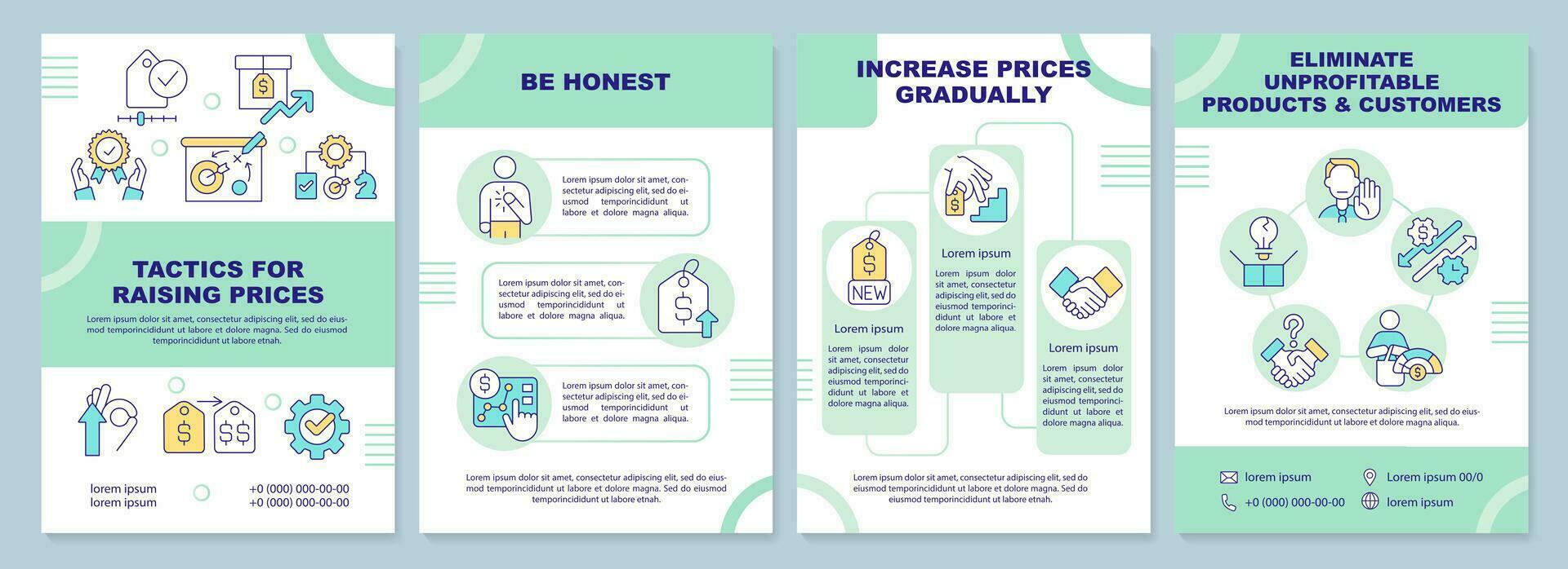 Tactics for rising prices green brochure template. Leaflet design with linear icons. Editable 4 vector layouts for presentation, annual reports