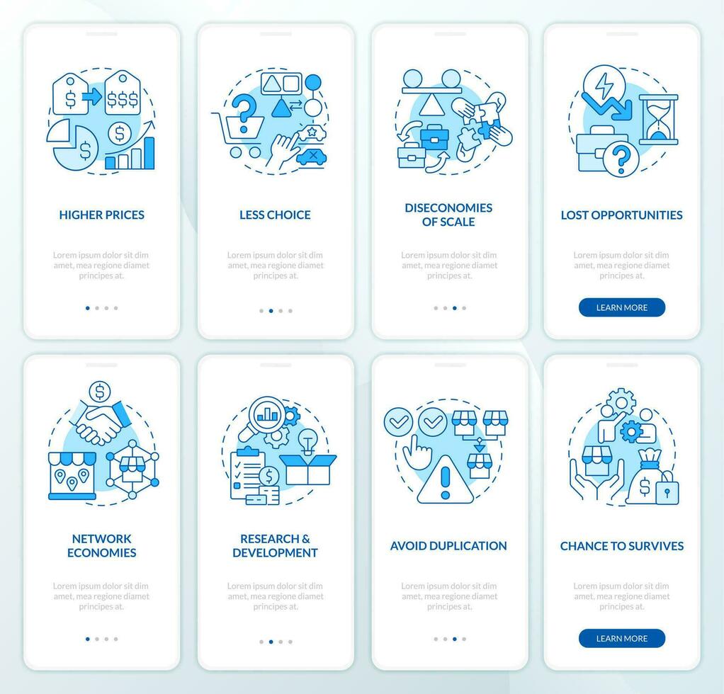 Merge and acquire companies blue onboarding mobile app screen set. Walkthrough 4 steps editable graphic instructions with linear concepts. UI, UX, GUI template vector