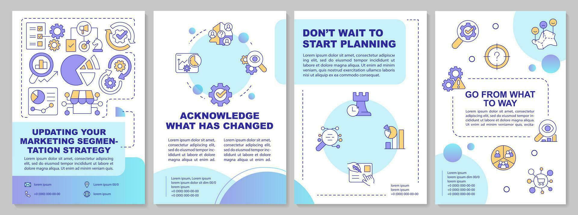 Updating market segmentation strategy blue brochure template. Leaflet design with linear icons. Editable 4 vector layouts for presentation, annual reports