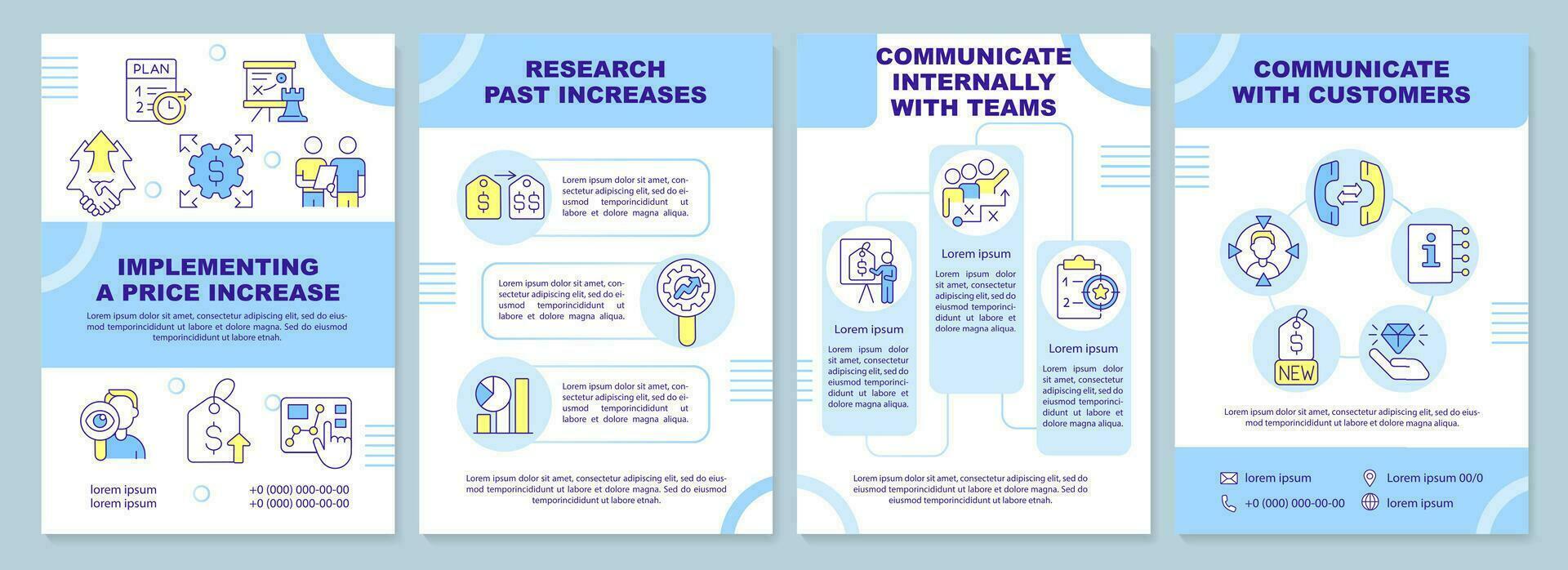 Implementing price increase brochure template. Leaflet design with linear icons. Editable 4 vector layouts for presentation, annual reports