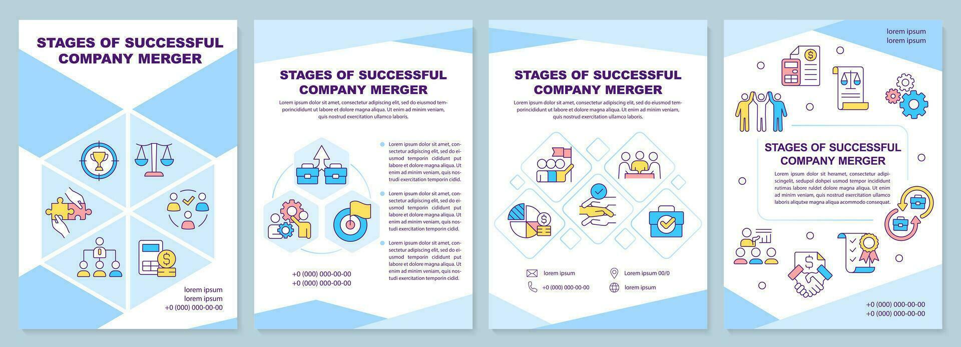 Stages of successful company merger blue brochure template. Leaflet design with linear icons. Editable 4 vector layouts for presentation, annual reports