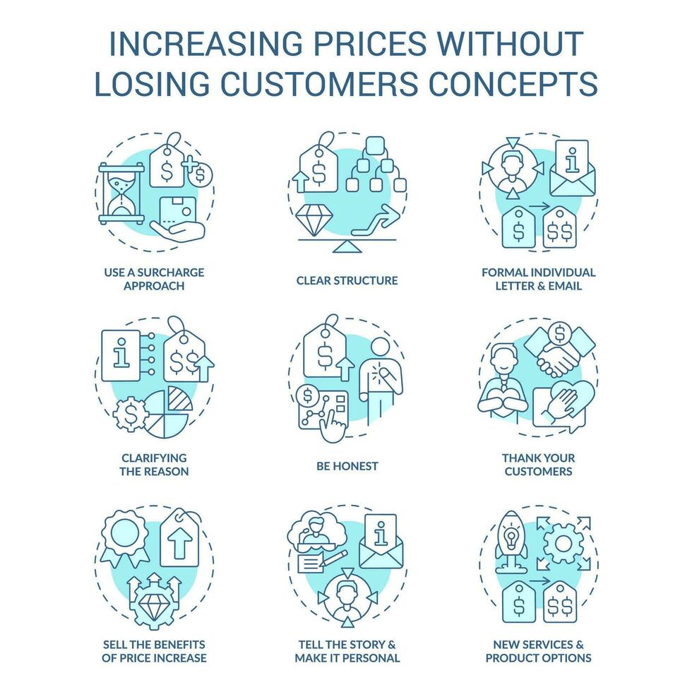 Increasing prices without losing customers blue concept icons set. Commercial strategy idea thin line color illustrations. Isolated symbols. Editable stroke vector