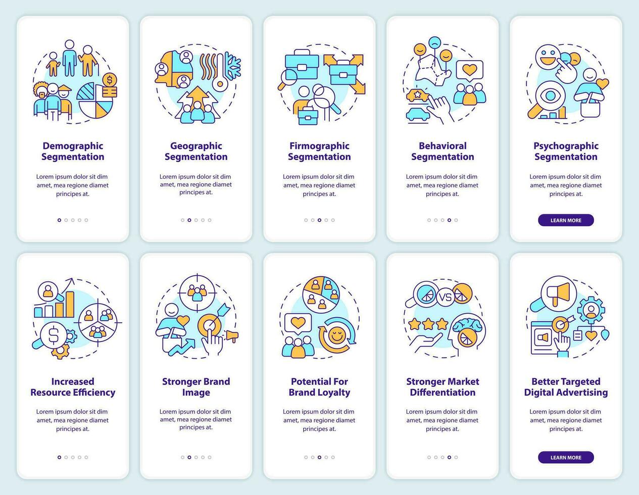 mercado segmentación inducción móvil aplicación pantalla colocar. recorrido 5 5 pasos editable gráfico instrucciones con lineal conceptos. ui, ux, gui modelo vector