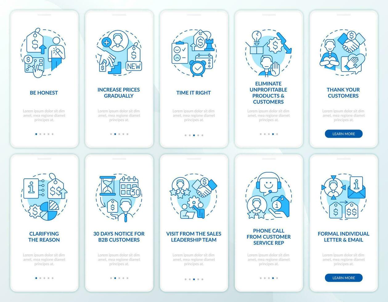 Increasing prices blue onboarding mobile app screen set. Retain client walkthrough 5 steps editable graphic instructions with linear concepts. UI, UX, GUI template vector