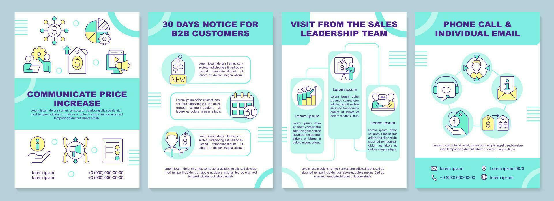 Communicate price increase teal brochure template. Leaflet design with linear icons. Editable 4 vector layouts for presentation, annual reports
