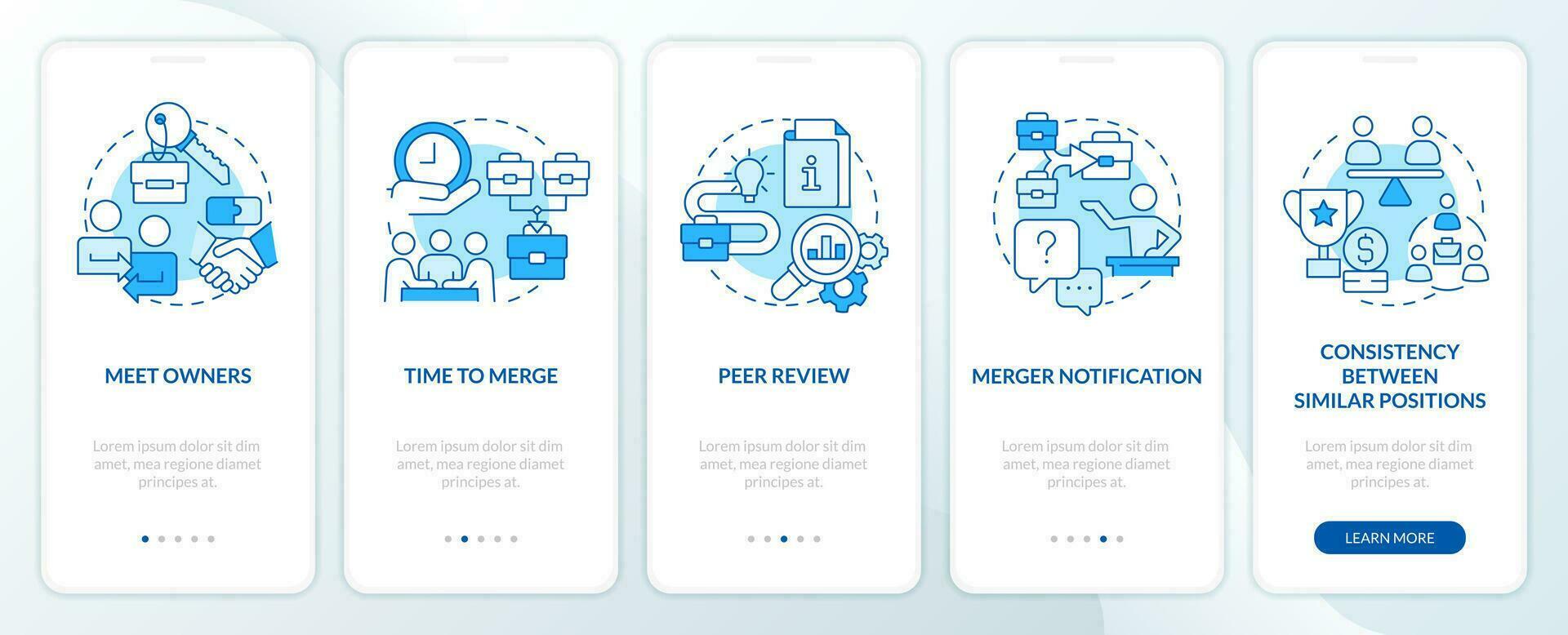 Successfully managing merger blue onboarding mobile app screen. Walkthrough 5 steps editable graphic instructions with linear concepts. UI, UX, GUI template vector