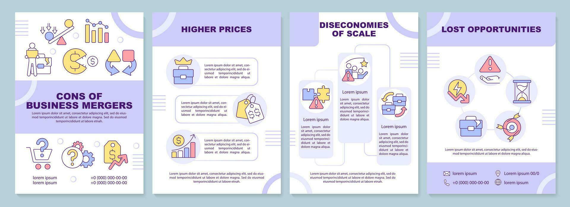 Cons of business mergers purple brochure template. High prices. Leaflet design with linear icons. Editable 4 vector layouts for presentation, annual reports