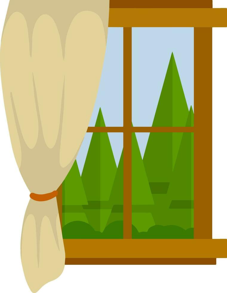 Window in a wooden frame with a curtain. Beautiful view. Element of the house wall and interior. Square object. Cartoon flat illustration. Forest, green trees, summer season vector