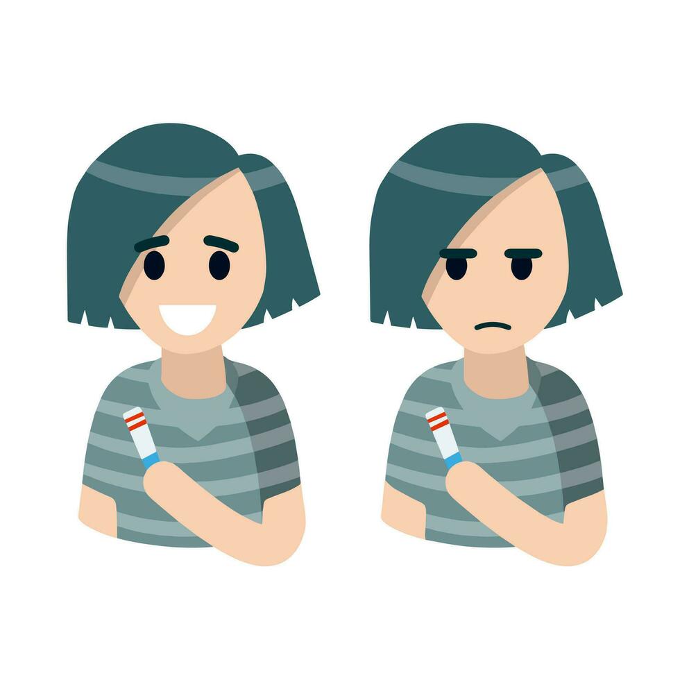 Pregnancy test. Happy and sad woman. Beginning of motherhood. Emotions of a young girl. Flat cartoon illustration. Two strips on the test. Analysis result vector