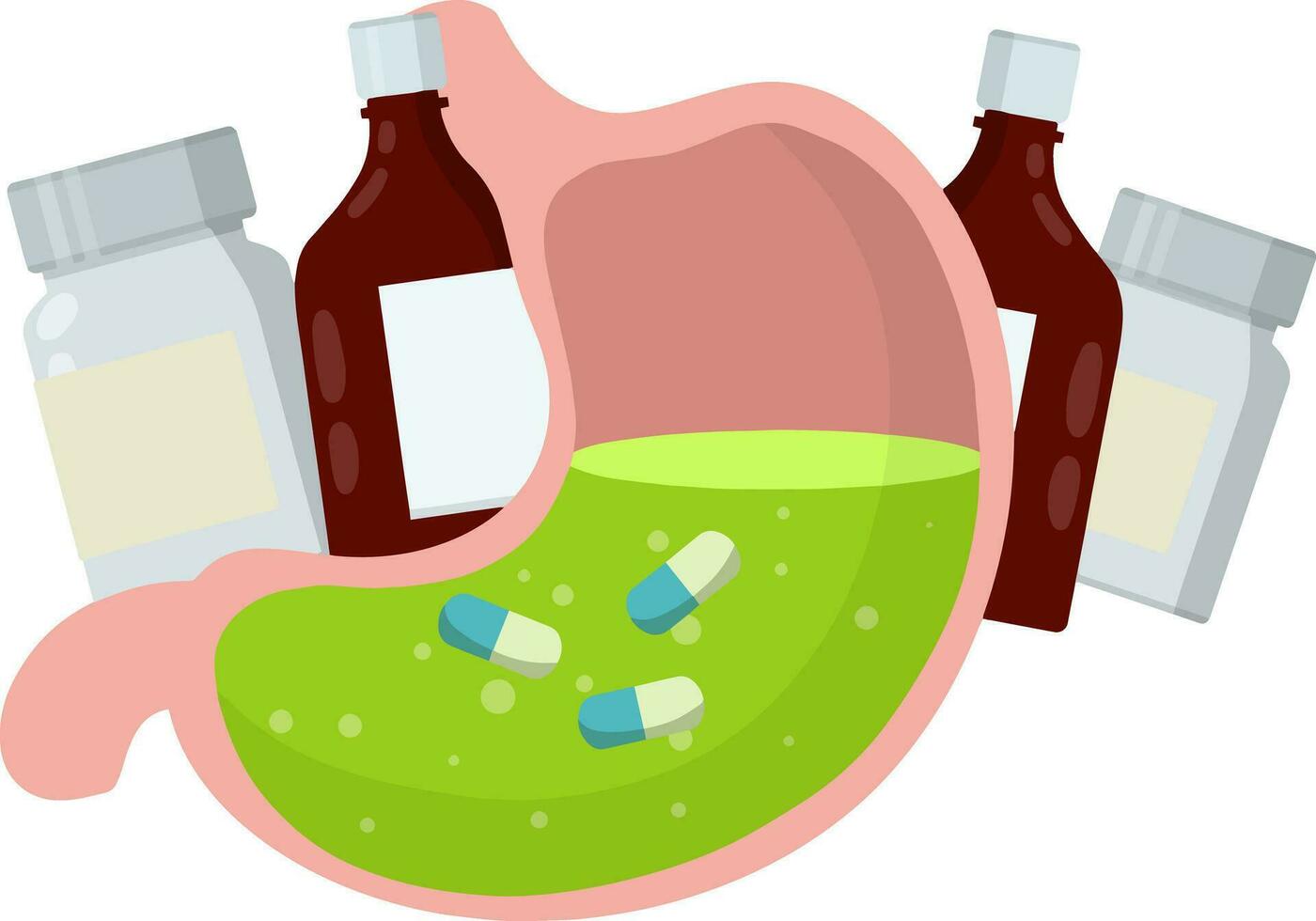 Stomach and pill. Dissolving drug. Disease of human internal organ. Cartoon flat illustration. Taking medicine. Medical care. Pain in belly. Capsule and digestion. Oral preparation application vector