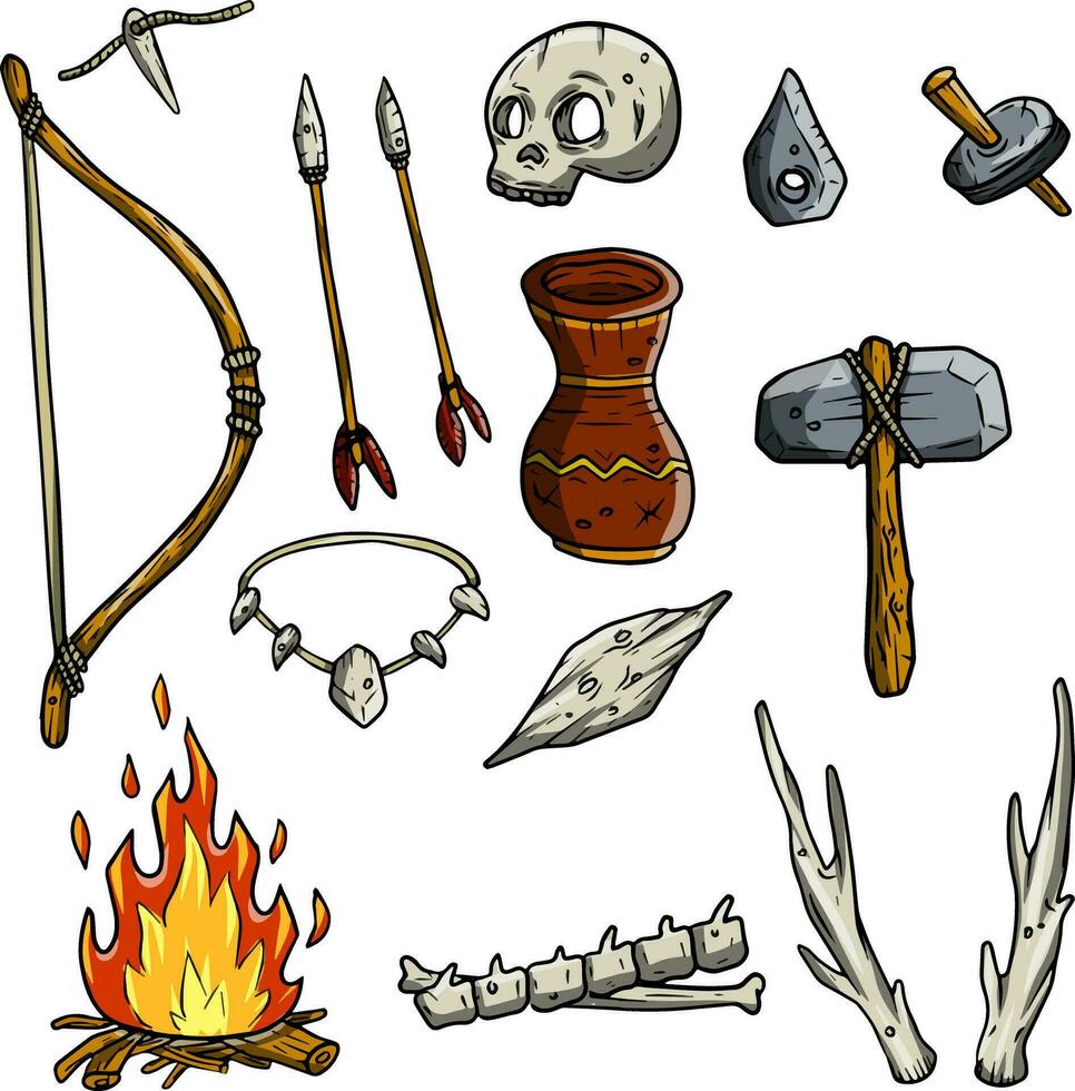 Set of tools and weapons of the caveman. Bow, arrow, necklace, skull, jug, fire, spine, bones, deer horn, stone hammer, club. Lifestyle and items for hunting prehistoric man. Cartoon hand drawn image vector