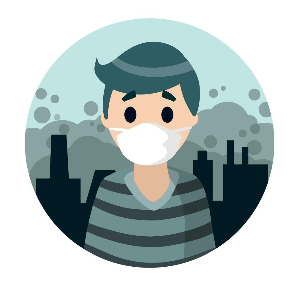 Man with medical mask on face. Protection from virus and disease. Young teenager in blue clothes. Coronovirus and pandemic. Logo in circle. Flat cartoon vector