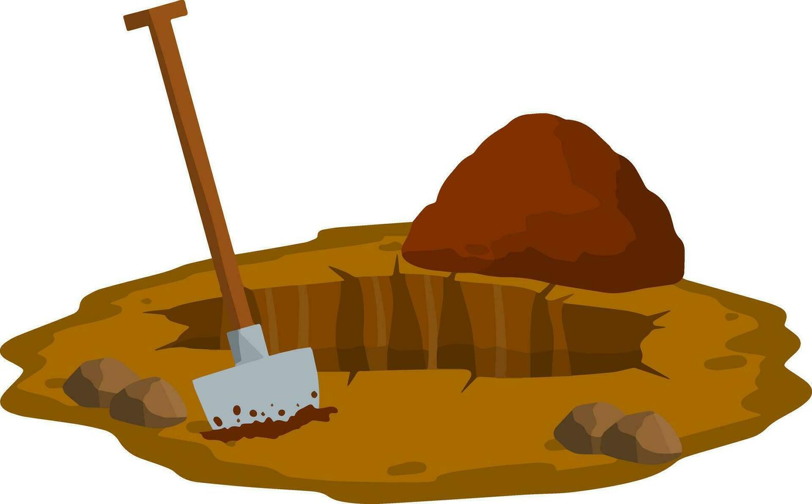 Digging a hole. Shovel and dry brown earth. Grave and excavation. Cartoon flat illustration in white background. Funeral in desert. Pile dirt and stones vector