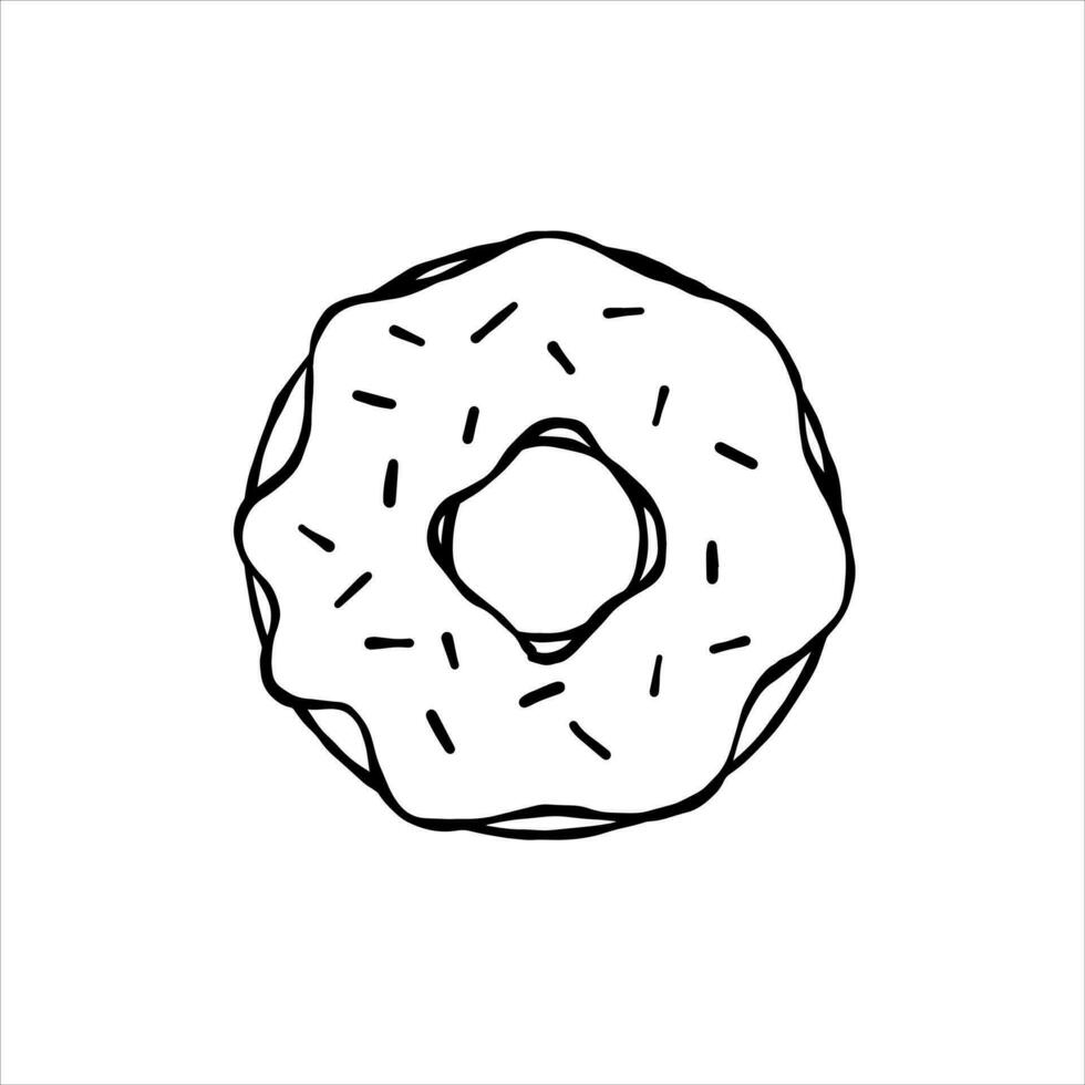 Donut with glaze. Sweet sugar dessert with icing. Outline cartoon illustration isolated on white background vector