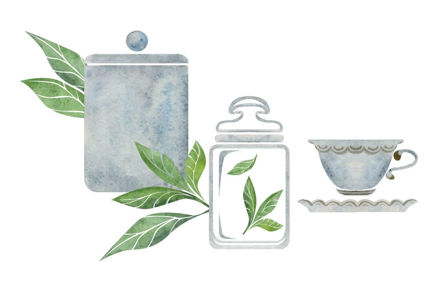 acuarela mano dibujado ilustración. porcelana té maceta tazas papel bolso verde hojas almacenamiento frasco. aislado en blanco antecedentes. para invitaciones, cafetería, restaurante comida menú, imprimir, sitio web, tarjetas vector