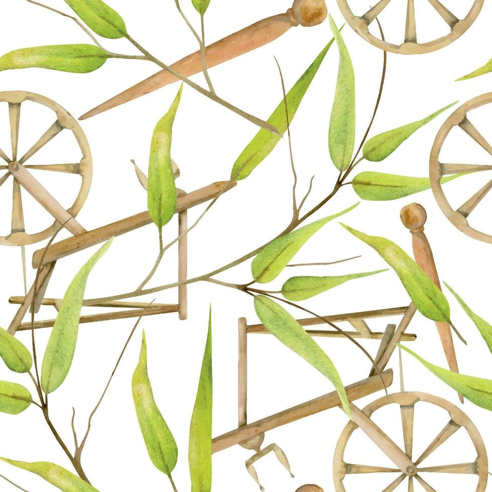 Hand drawn watercolor spinning wheel equipment, thread. Hobby handcraft Natural green bamboo plant. Illustration isolated seamless pattern on white background. Shop logo print, website, card, booklet. vector