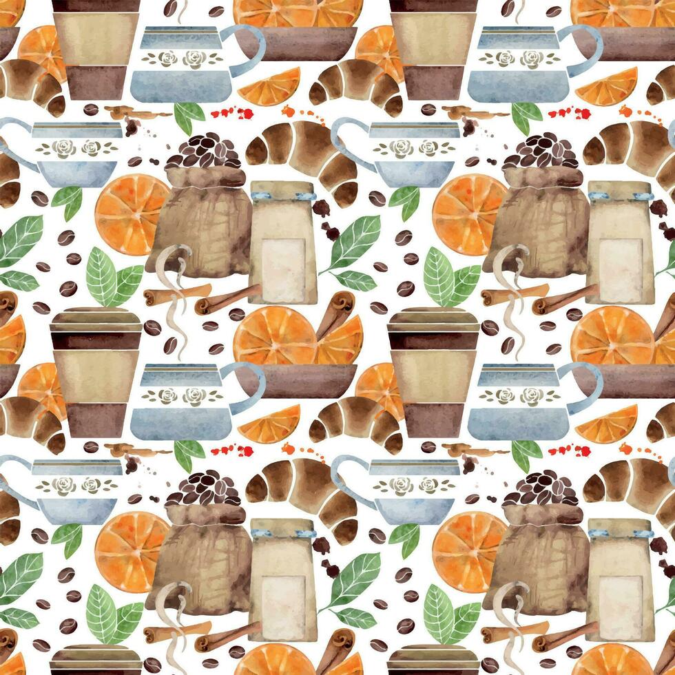 Watercolor hand drawn seamless pattern with coffee cups, beans, orange, cinnamon, croissant, bags. Isolated on white background. For invitations, cafe, restaurant food menu, print, website, cards vector