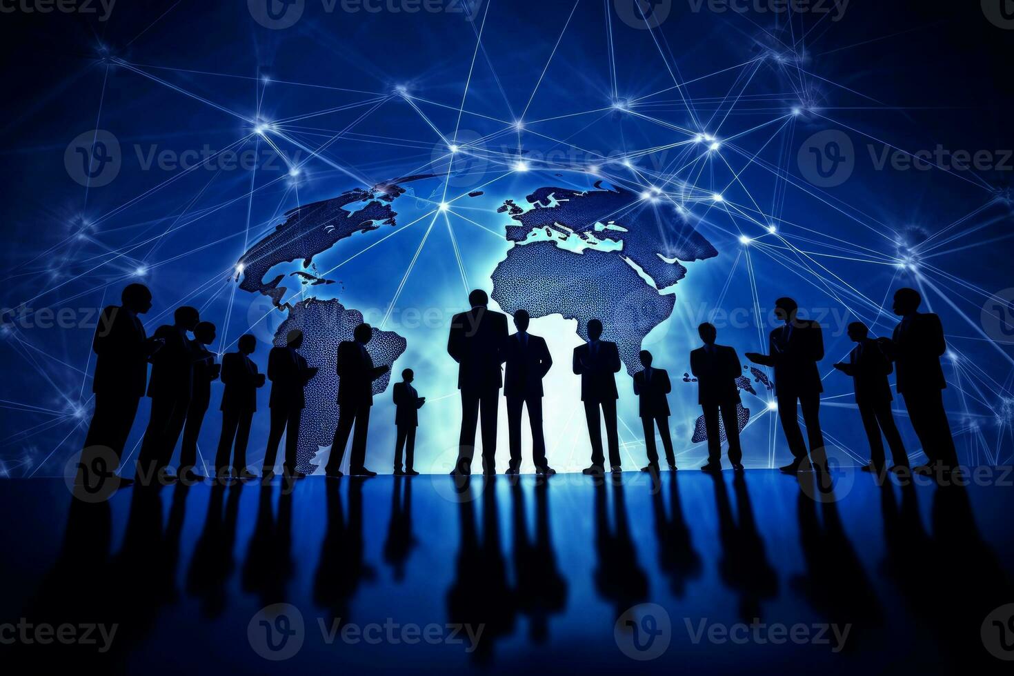 A group of people standing in front of a world map photo