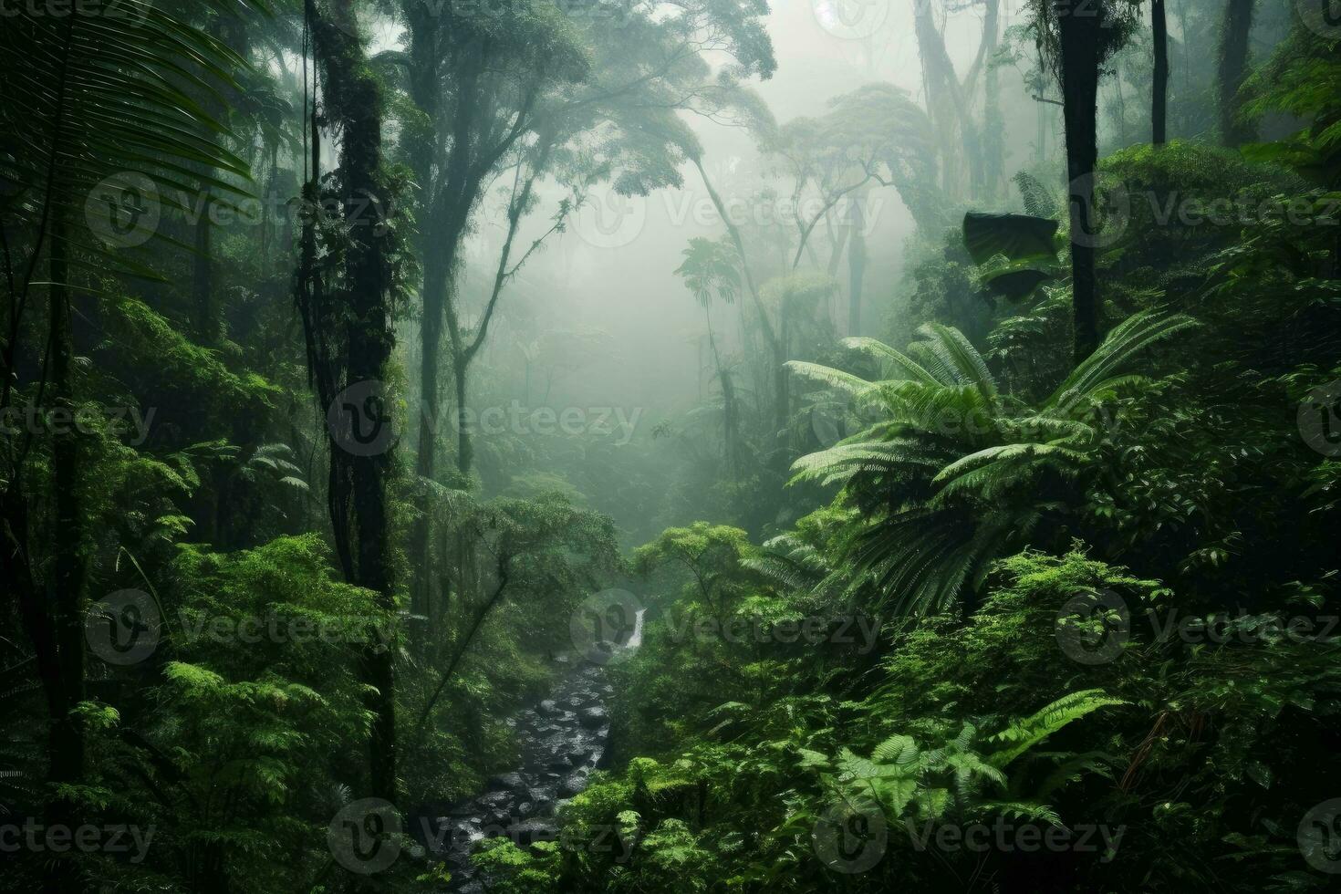 lozano y vibrante bosque con un pabellón de verde follaje foto