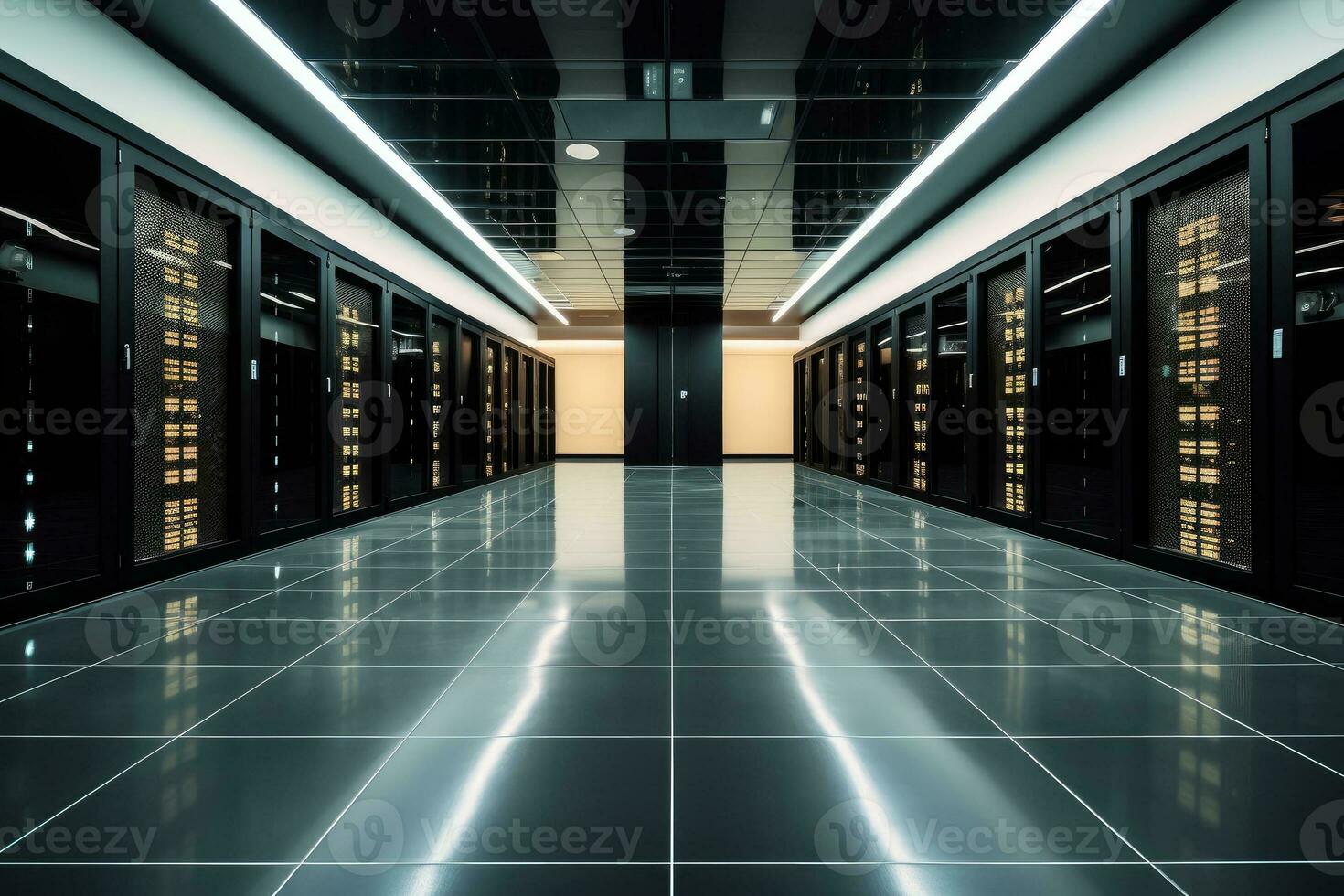 Server room filled with rows of high-tech servers photo
