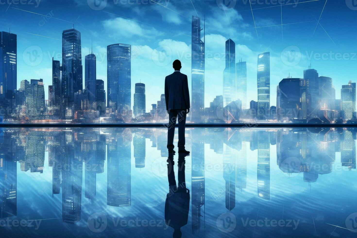 Man standing in front of a mesmerizing city skyline photo