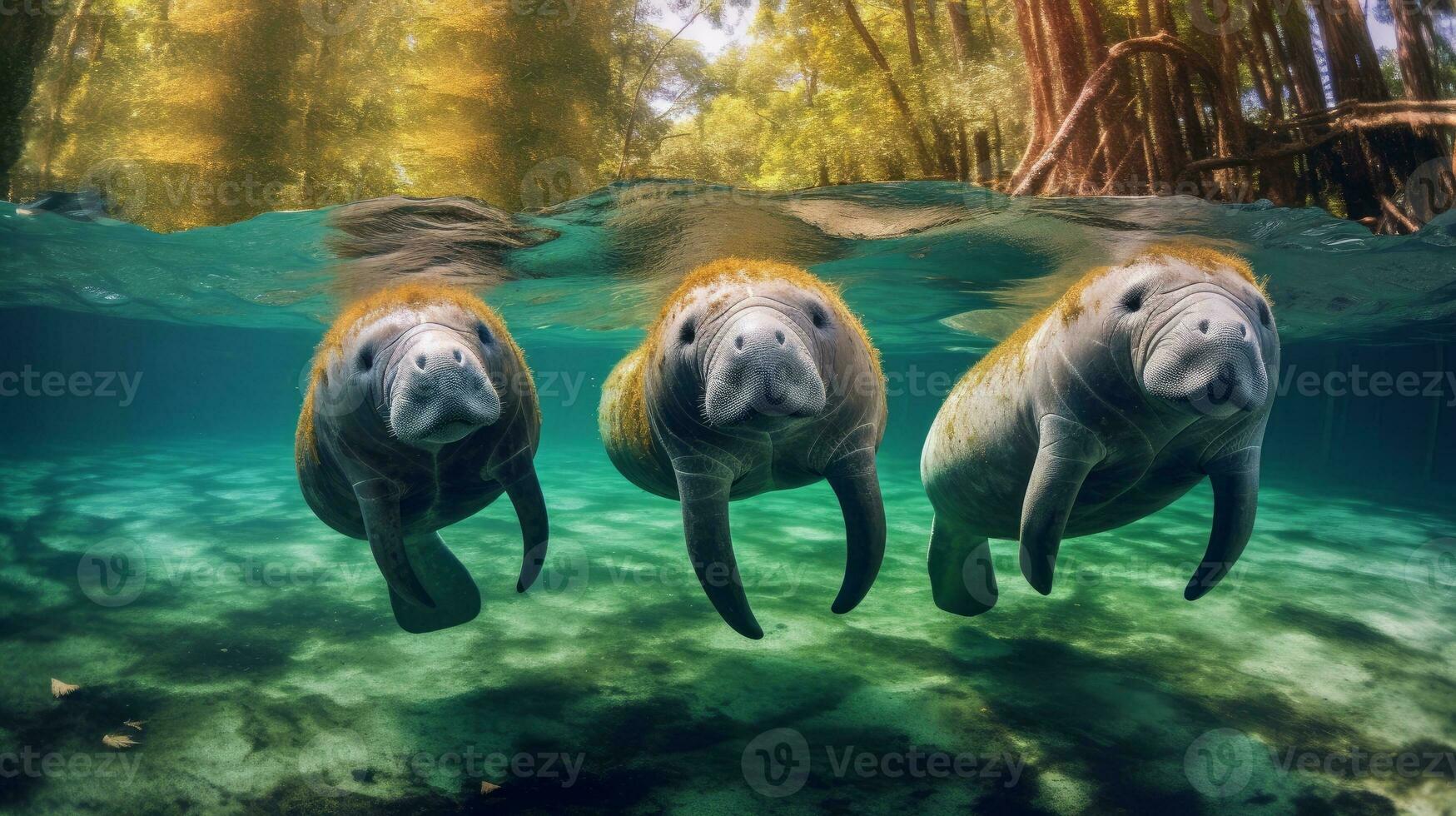 Tres manatíes nadando en un sereno río rodeado por lozano arboles foto