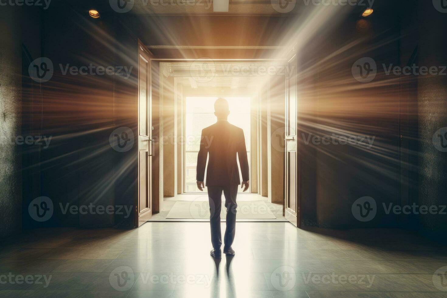Man entering through an open doorway photo
