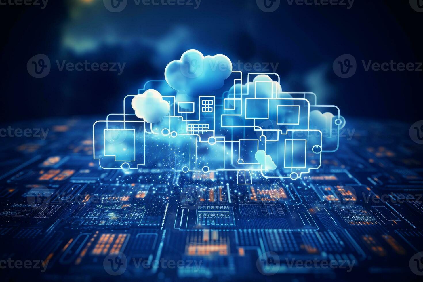 Computer circuit board with clouds floating out, representing the connection between technology and the digital world photo